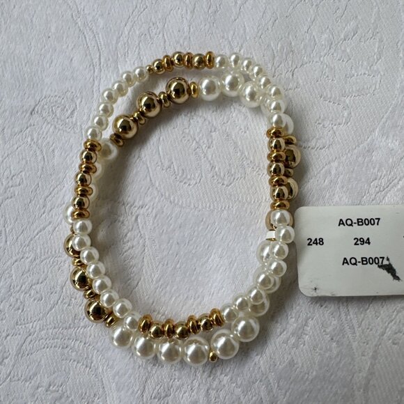 Aqua Pearl Goldtone 2 Pc Stretch Stackable Bracelet 14K Plated NWT $80 - Picture 9 of 9